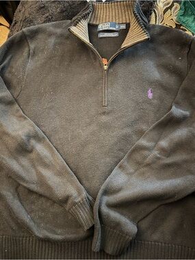 Ralph Lauren Men's Black Quarter-Zip Sweater with Purple Pony
